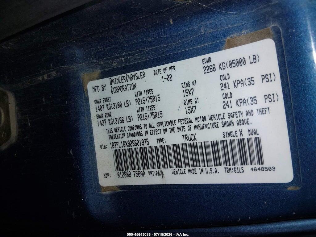 1B7FL16X92S601975 2002 DODGE DAKOTA photo no. 9