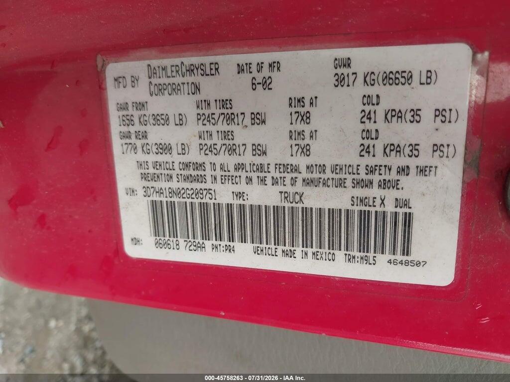 3D7HA18N02G209751 2002 DODGE RAM 1500 photo no. 9