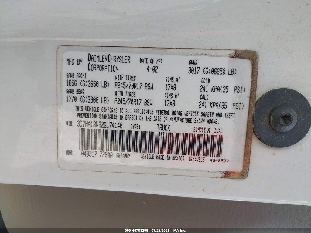 3D7HA18N32G174140 2002 DODGE RAM 1500 photo no. 9