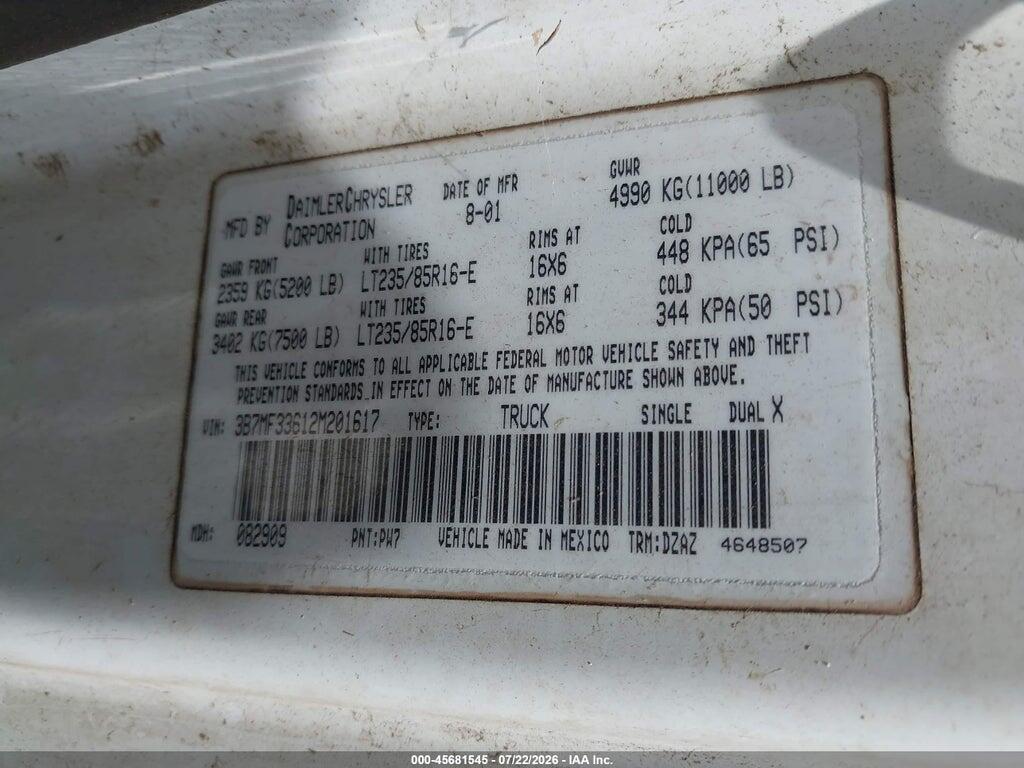 3B7MF33612M201617 2002 DODGE RAM 3500 photo no. 9