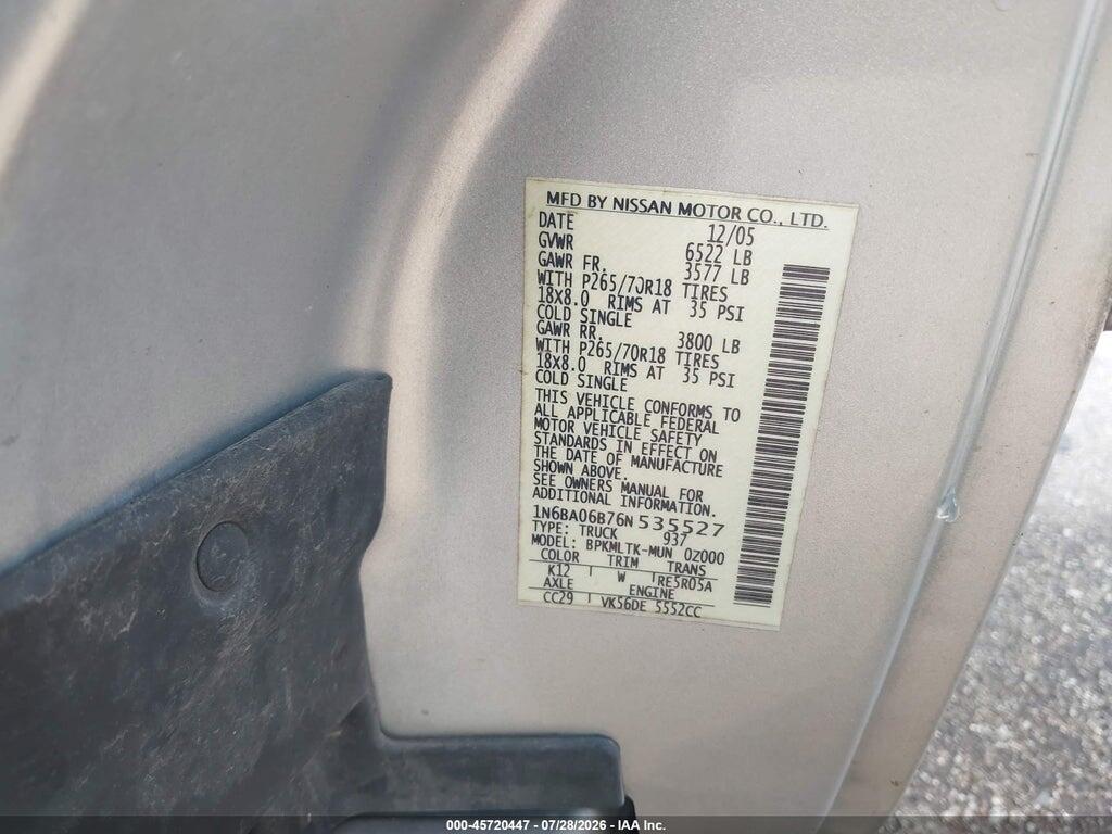 1N6BA06B76N535527 2006 NISSAN TITAN photo no. 9