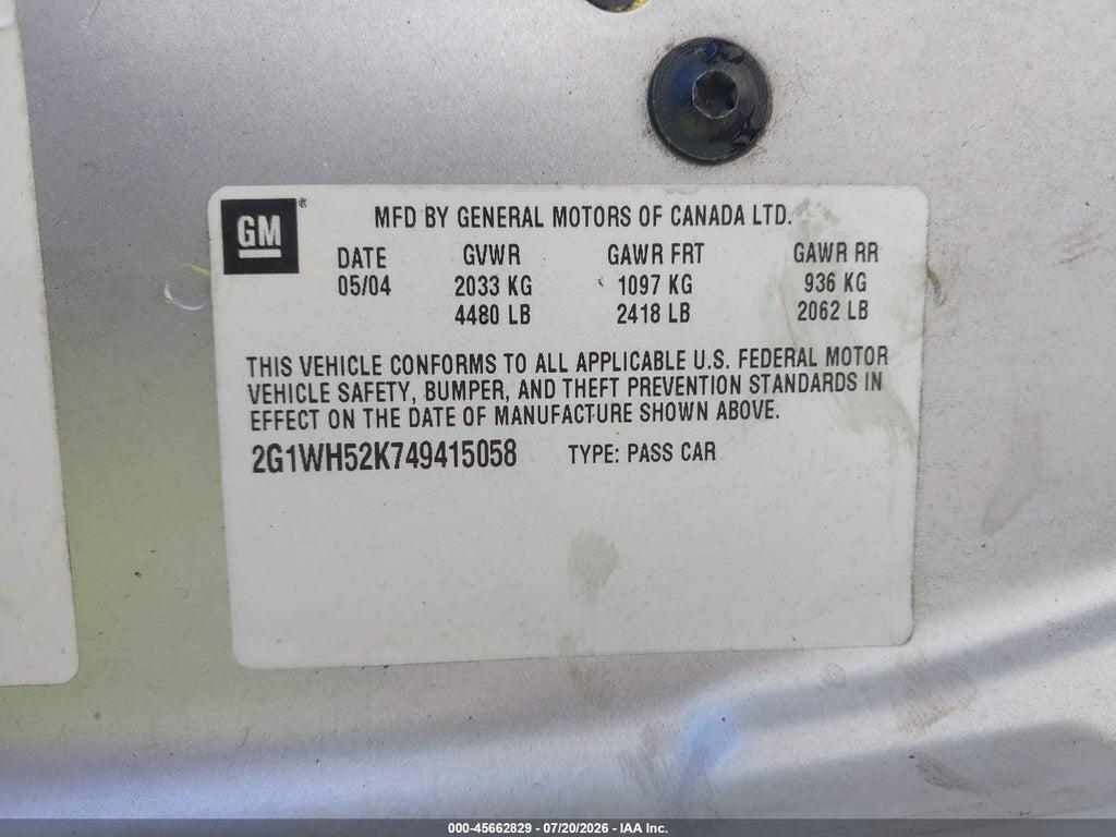 2G1WH52K749415058 2004 CHEVROLET IMPALA photo no. 9