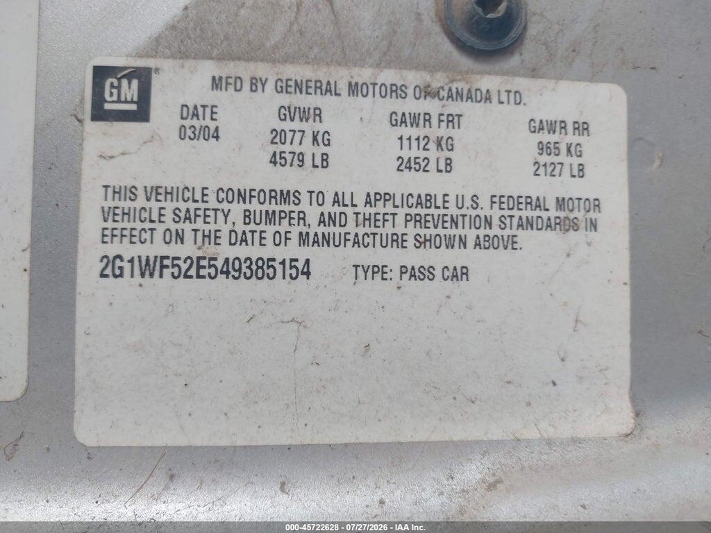 2G1WF52E549385154 2004 CHEVROLET IMPALA photo no. 9