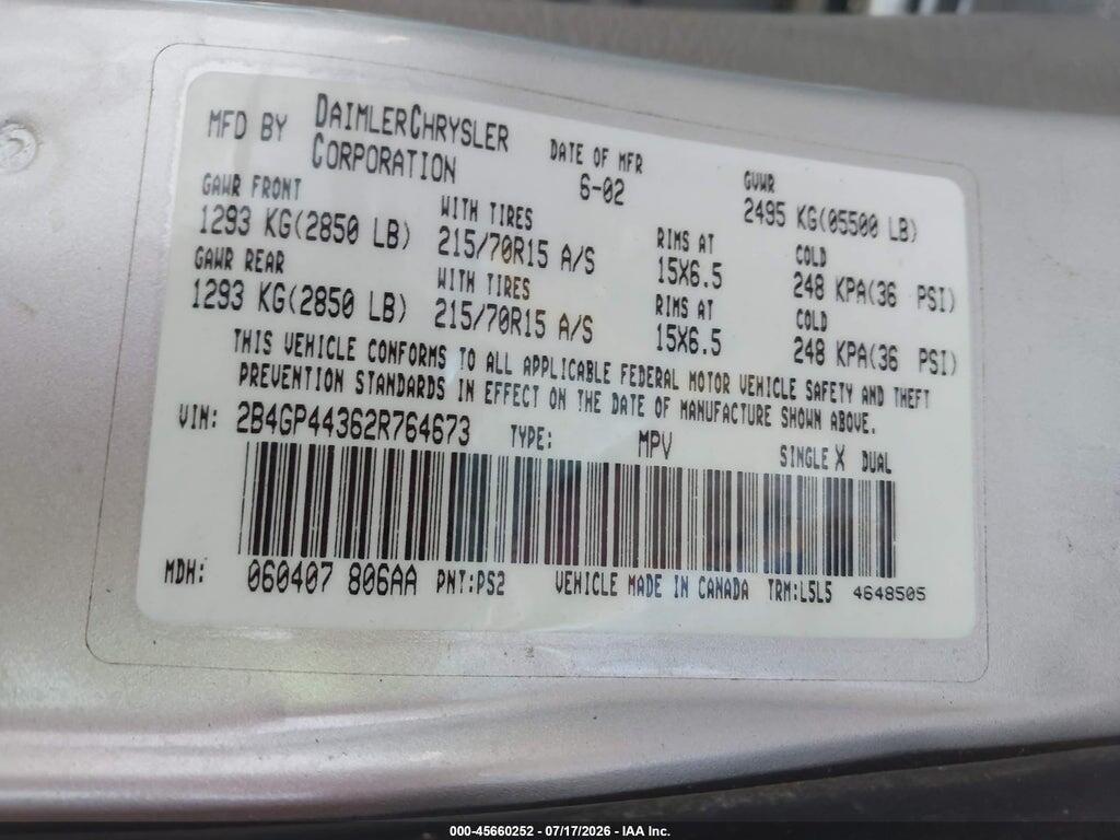 2B4GP44362R764673 2002 DODGE GRAND CARAVAN photo no. 9