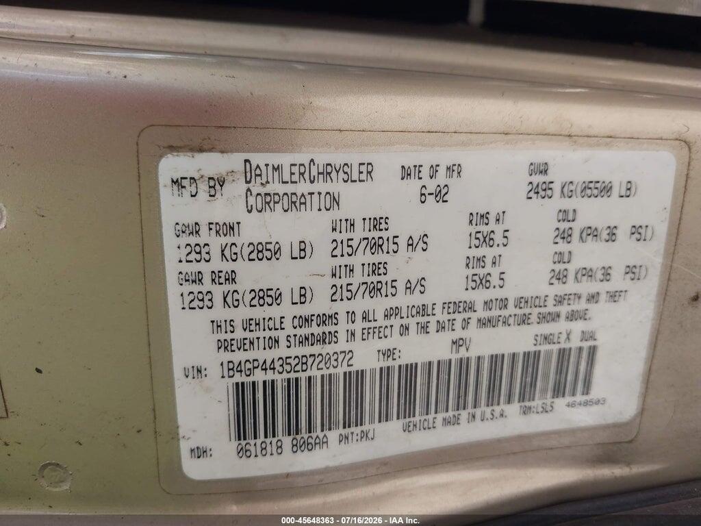 1B4GP44352B720372 2002 DODGE GRAND CARAVAN photo no. 9