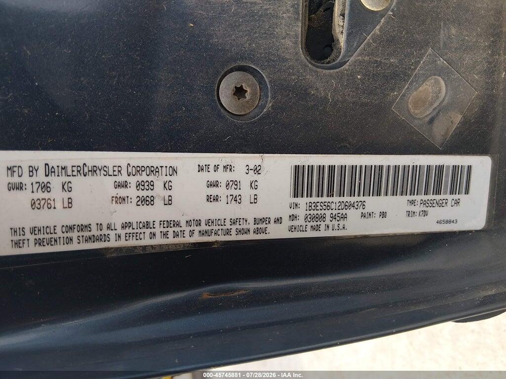 1B3ES56C12D604376 2002 DODGE NEON photo no. 9