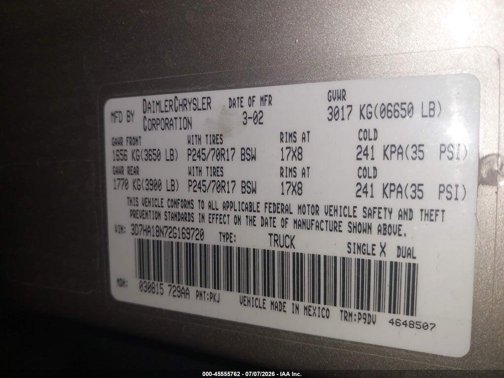 3D7HA18N72G169720 2002 DODGE RAM 1500 photo no. 9