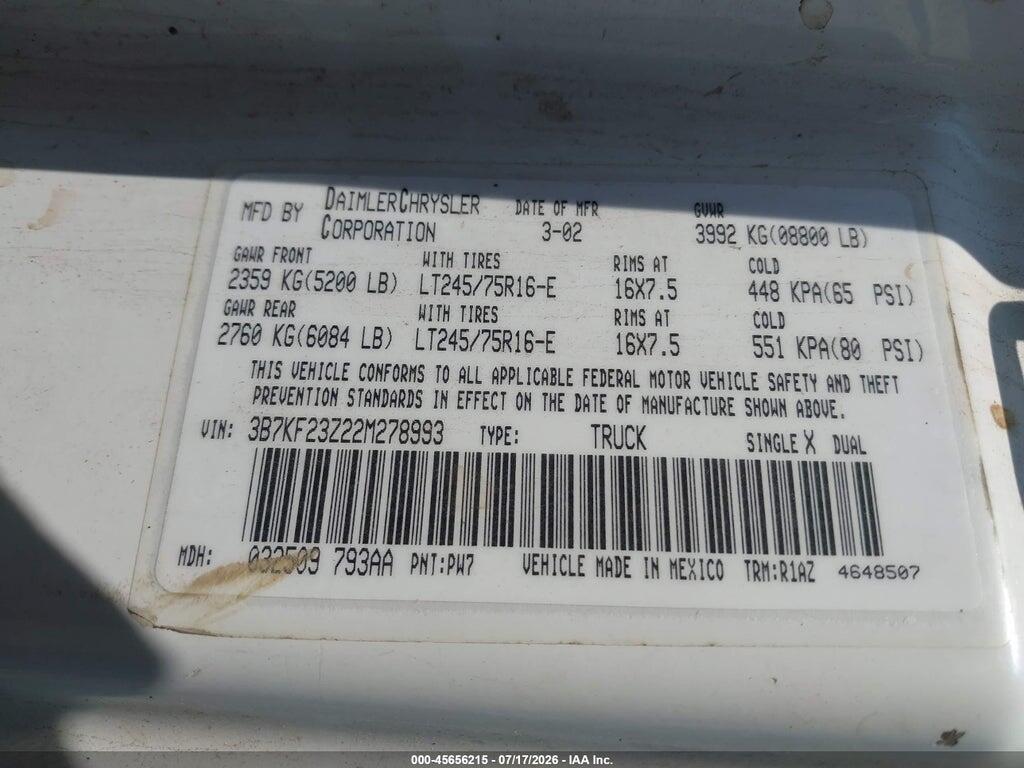 3B7KF23Z22M278993 2002 DODGE RAM 2500 photo no. 9