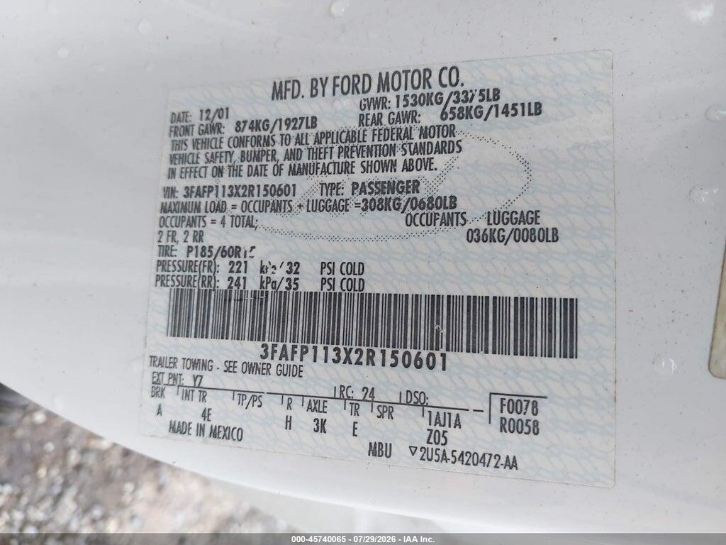 3FAFP113X2R150601 2002 FORD ESCORT photo no. 9