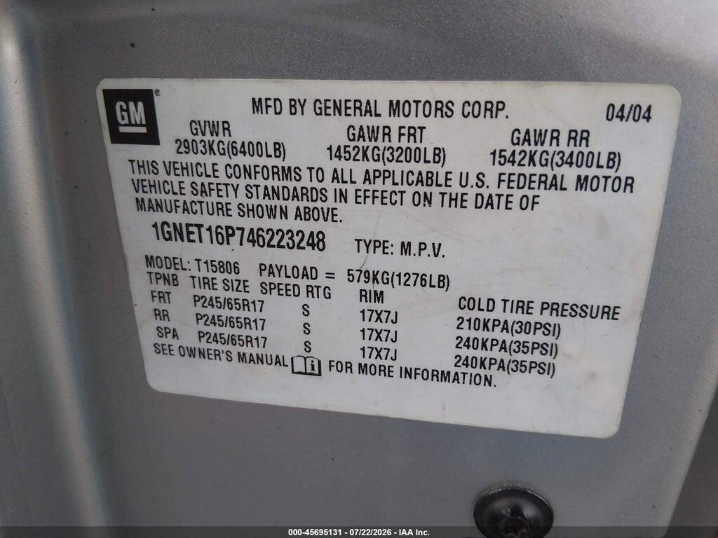 1GNET16P746223248 2004 CHEVROLET TRAILBLAZER EXT photo no. 9