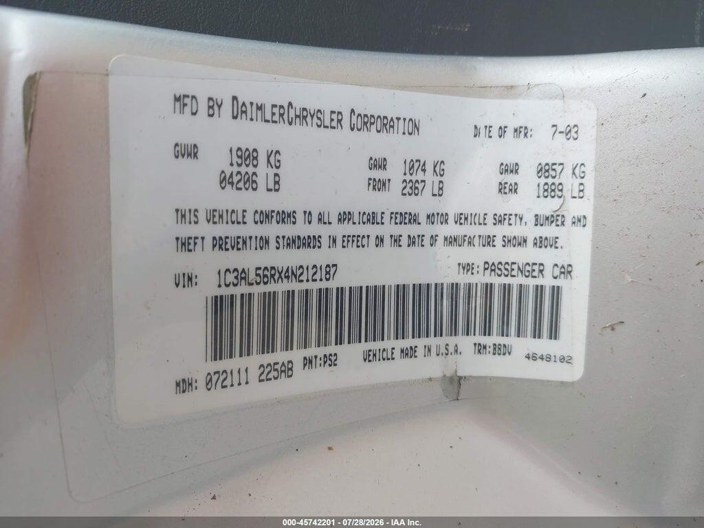 1C3AL56RX4N212187 2004 CHRYSLER SEBRING photo no. 9