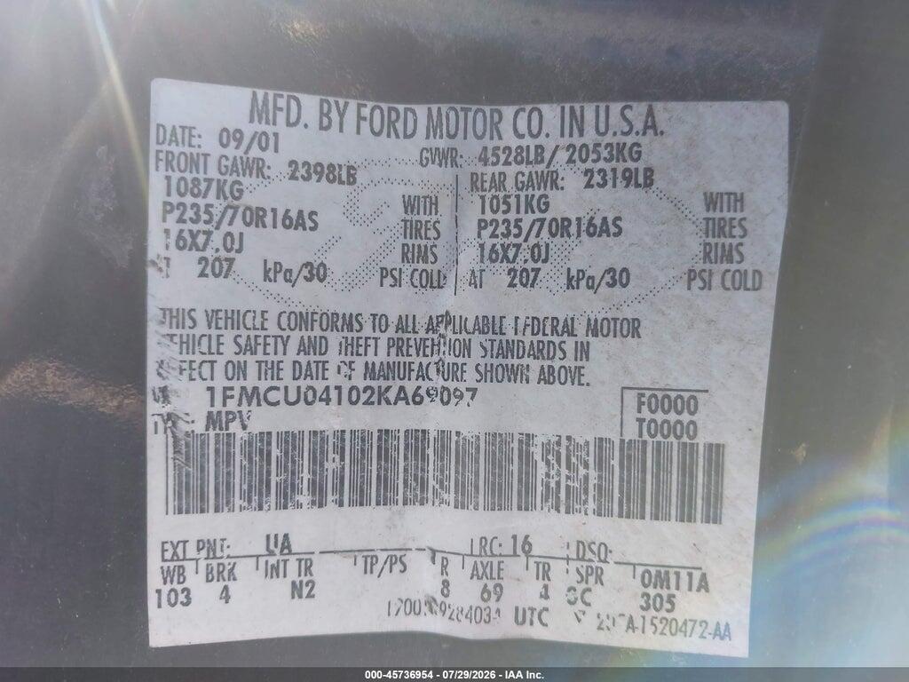 1FMCU04102KA69097 2002 FORD ESCAPE photo no. 9