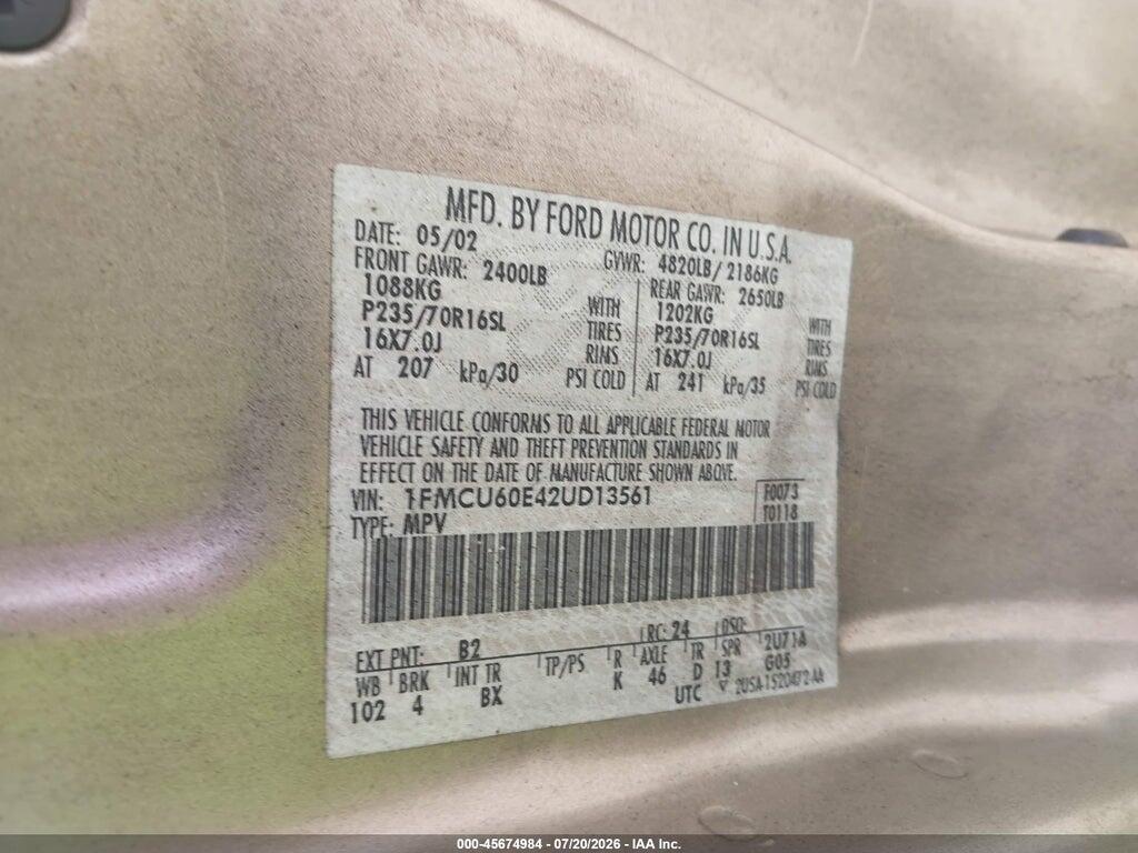 1FMCU60E42UD13561 2002 FORD EXPLORER SPORT photo no. 9