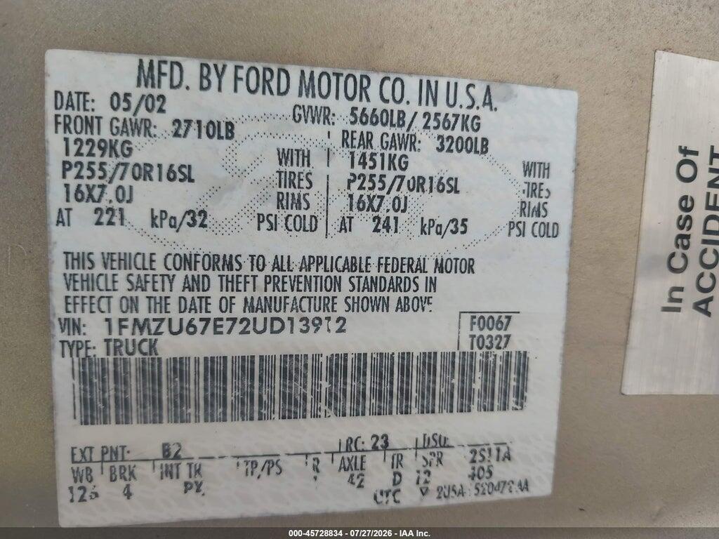 1FMZU67E72UD13912 2002 FORD EXPLORER SPORT TRAC photo no. 9