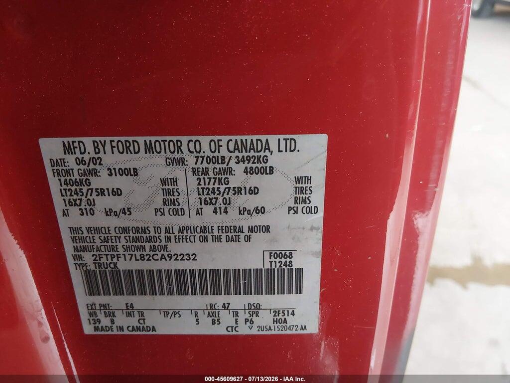 2FTPF17L82CA92232 2002 FORD F-150 photo no. 9
