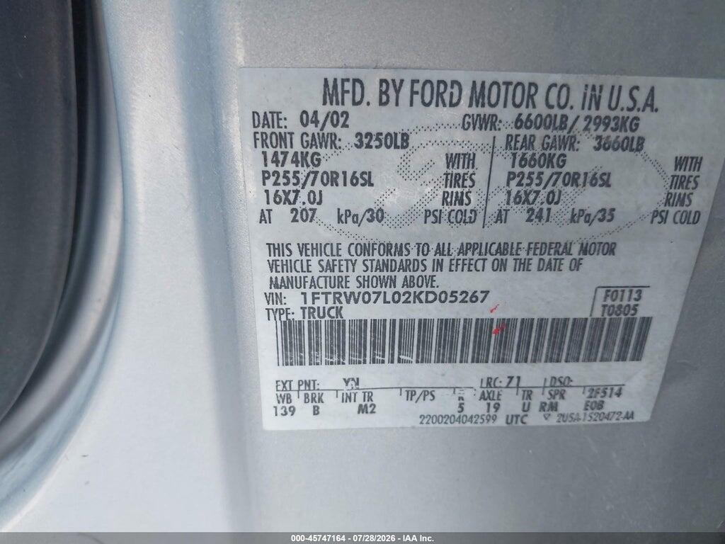 1FTRW07L02KD05267 2002 FORD F-150 photo no. 9