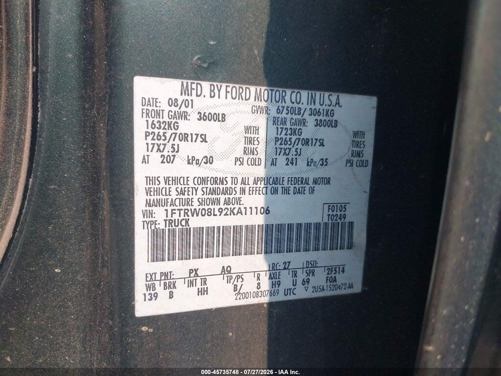 1FTRW08L92KA11106 2002 FORD F-150 photo no. 9