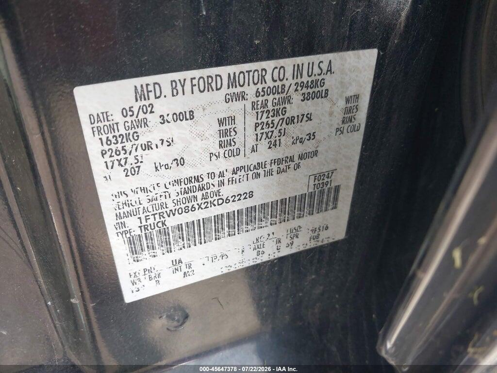 1FTRW086X2KD62228 2002 FORD F-150 photo no. 9