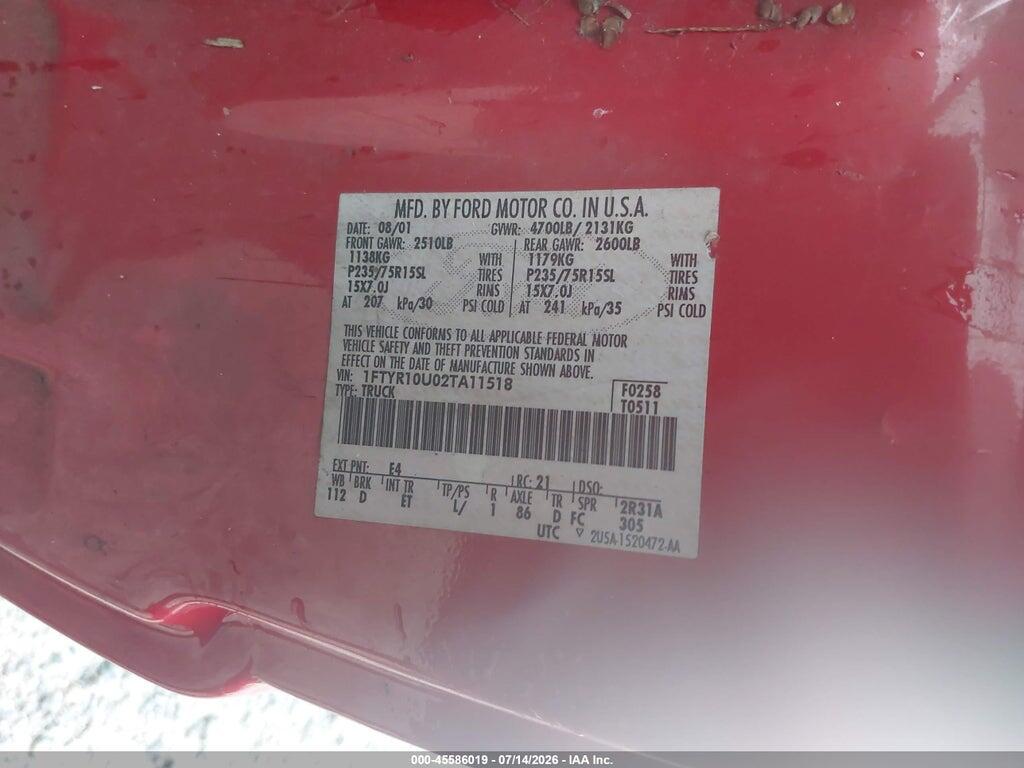 1FTYR10U02TA11518 2002 FORD RANGER photo no. 9