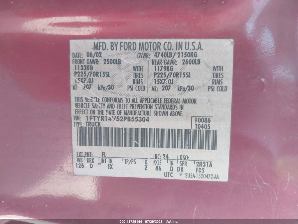 1FTYR14V52PB55304 2002 FORD RANGER photo no. 9