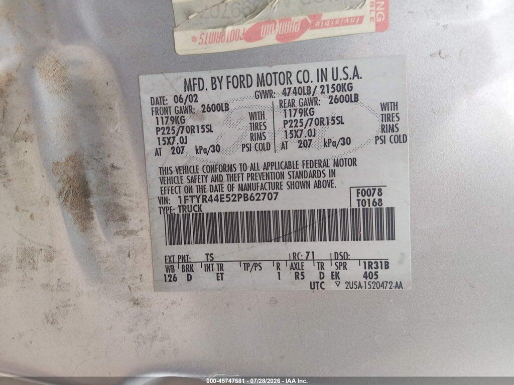 1FTYR44E52PB62707 2002 FORD RANGER photo no. 9