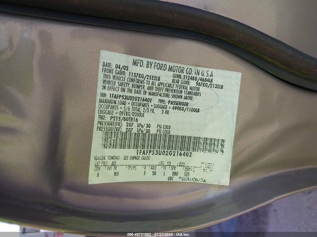 1FAFP53U02G216402 2002 FORD TAURUS photo no. 9