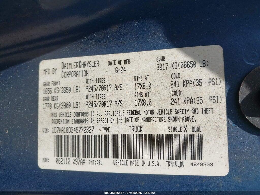 1D7HA18D34S772327 2004 DODGE RAM 1500 photo no. 9