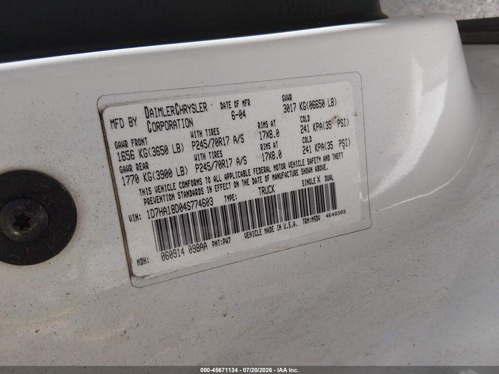 1D7HA18D04S774603 2004 DODGE RAM 1500 photo no. 9