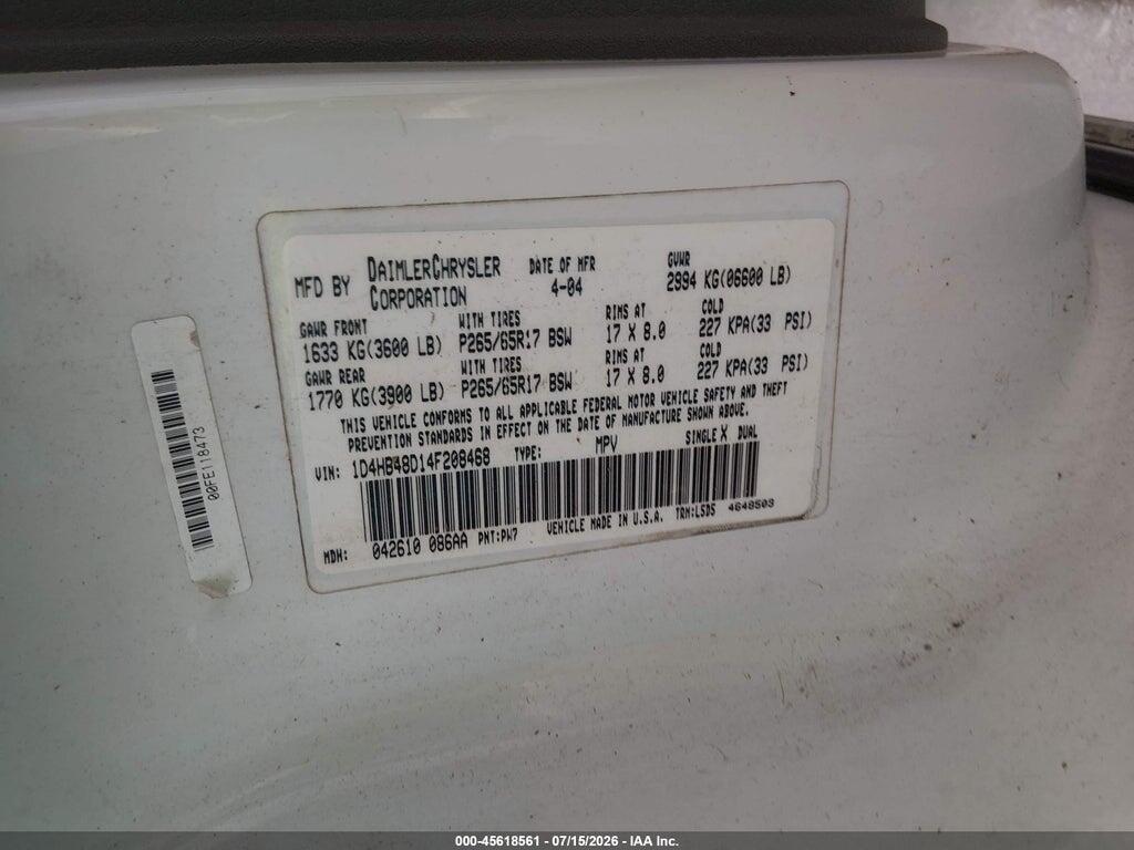 1D4HB48D14F208468 2004 DODGE DURANGO photo no. 9