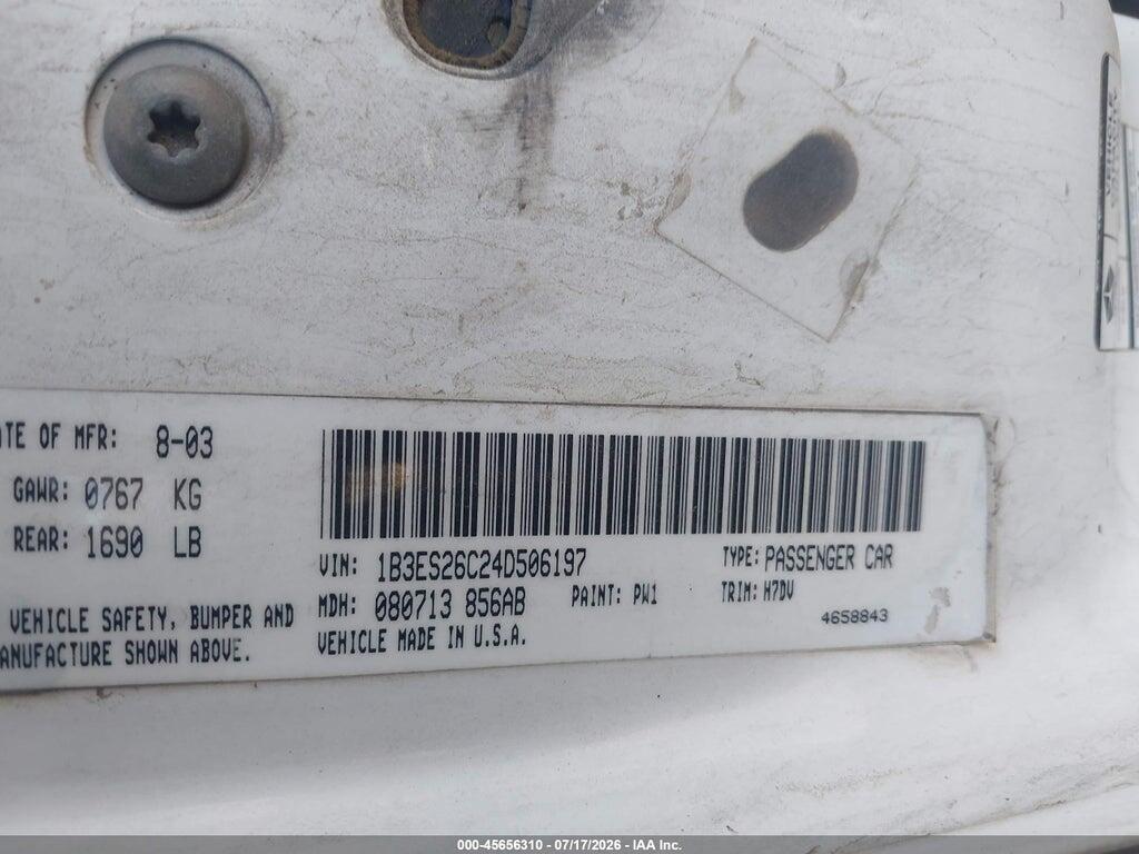 1B3ES26C24D506197 2004 DODGE NEON photo no. 9
