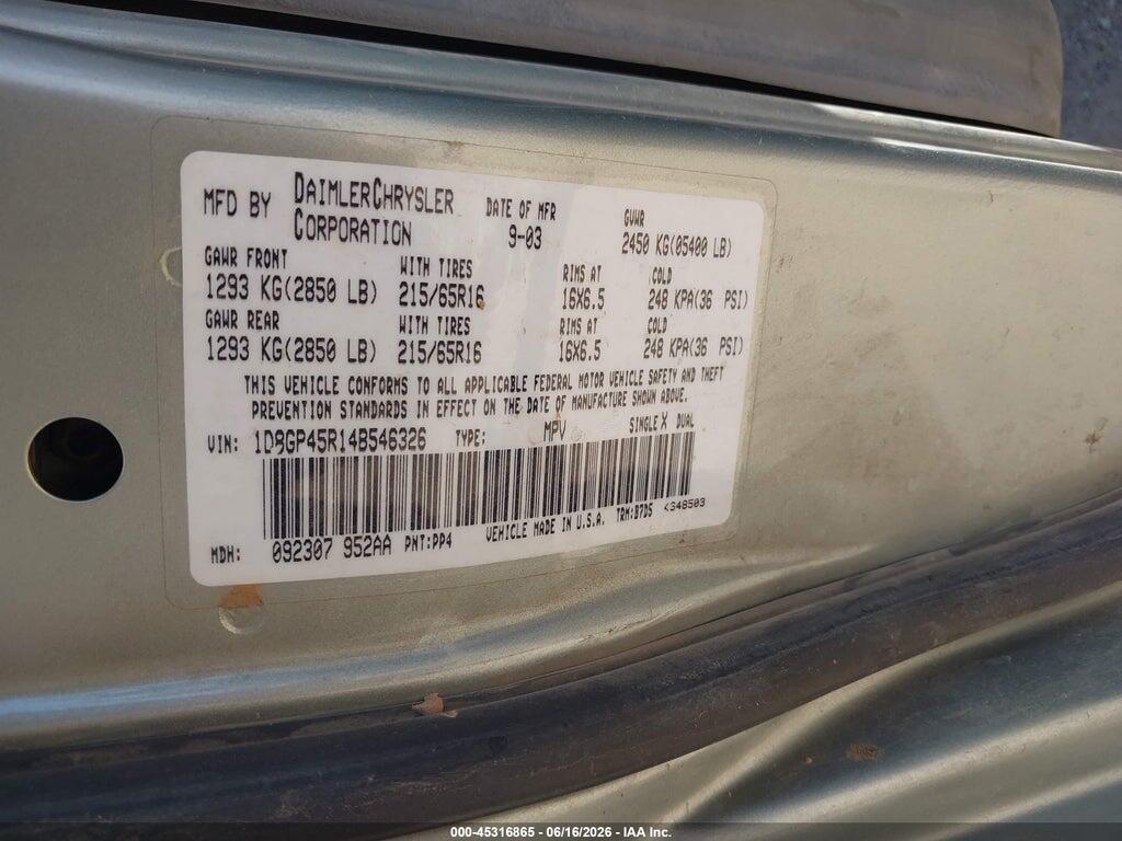 1D8GP45R14B546326 2004 DODGE CARAVAN photo no. 9