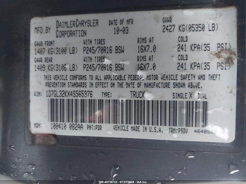 1D7GL32KX4S565376 2004 DODGE DAKOTA photo no. 9