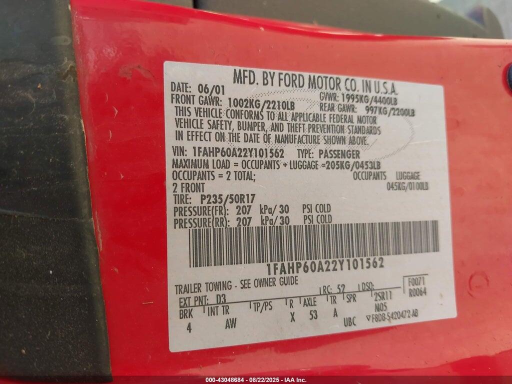 1FAHP60A22Y101562 2002 FORD THUNDERBIRD photo no. 9