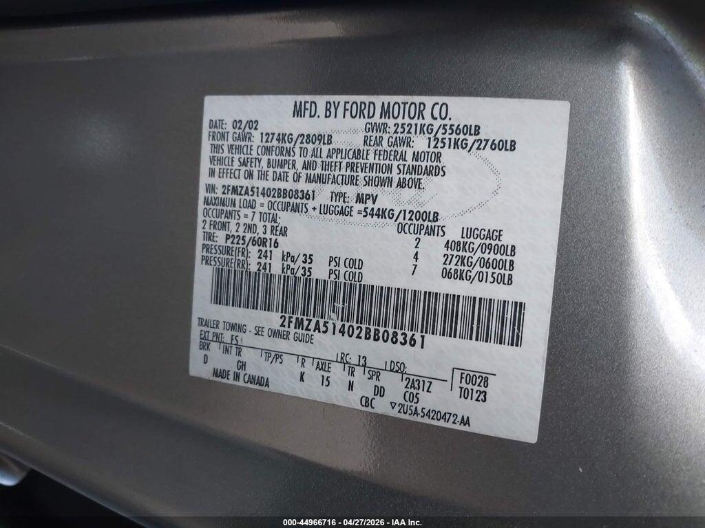 2FMZA51402BB08361 2002 FORD WINDSTAR photo no. 9