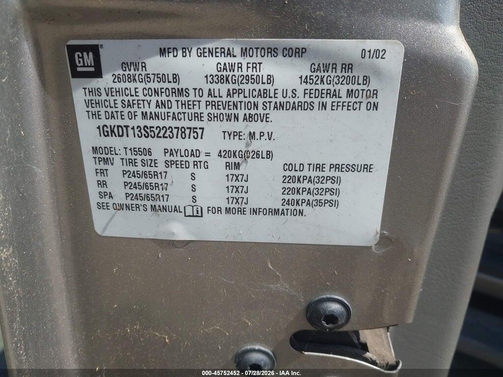 1GKDT13S522378757 2002 GMC ENVOY photo no. 9