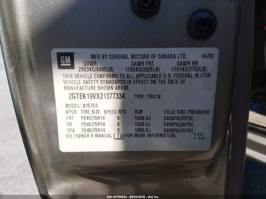 2GTEK19VX21377334 2002 GMC SIERRA 1500 photo no. 9