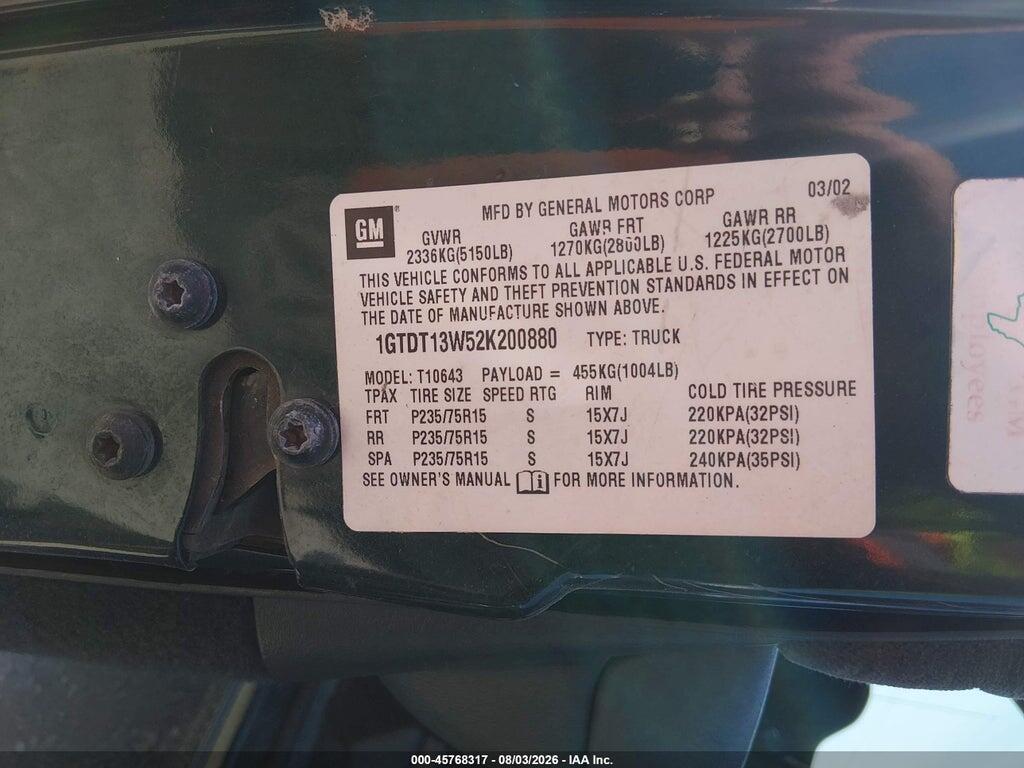 1GTDT13W52K200880 2002 GMC SONOMA photo no. 9