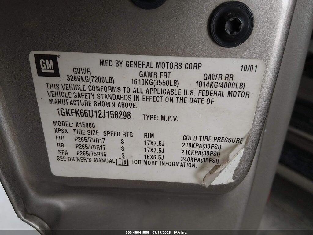 1GKFK66U12J158298 2002 GMC YUKON XL 1500 photo no. 9