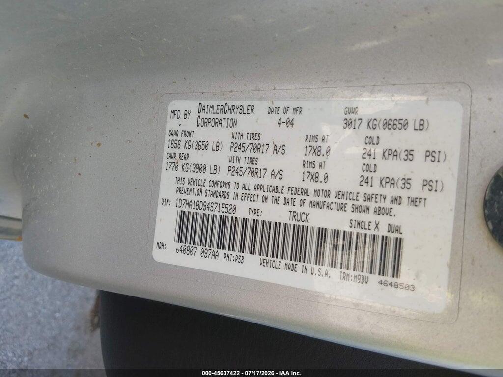 1D7HA18D94S715520 2004 DODGE RAM 1500 photo no. 9
