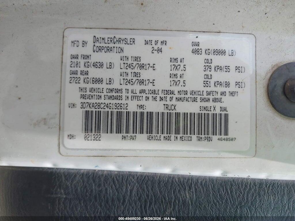 3D7KA28C24G192612 2004 DODGE RAM 2500 photo no. 9