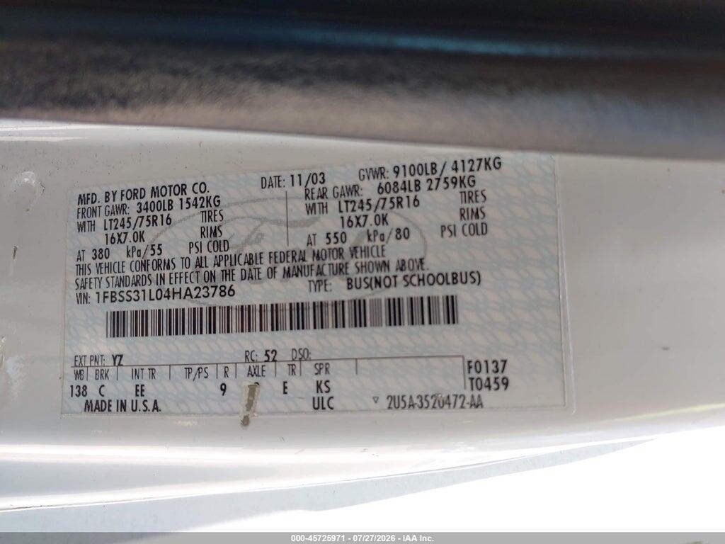 1FBSS31L04HA23786 2004 FORD E-350 SUPER DUTY photo no. 9
