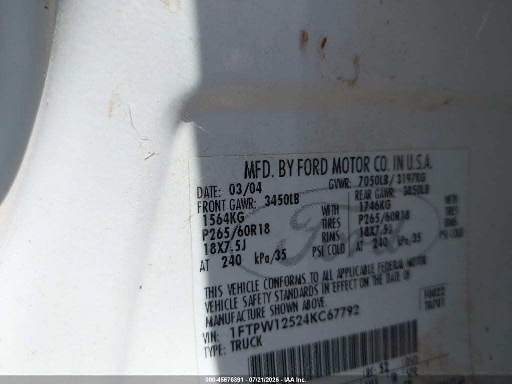 1FTPW12524KC67792 2004 FORD F-150 photo no. 9