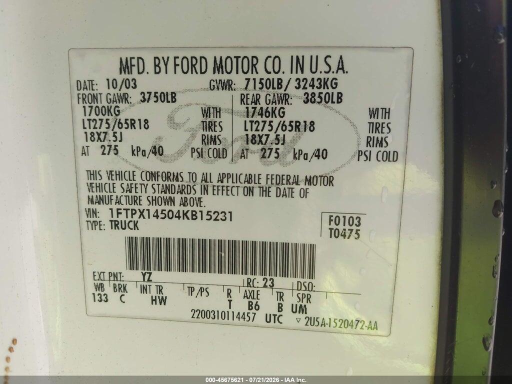 1FTPX14504KB15231 2004 FORD F-150 photo no. 9