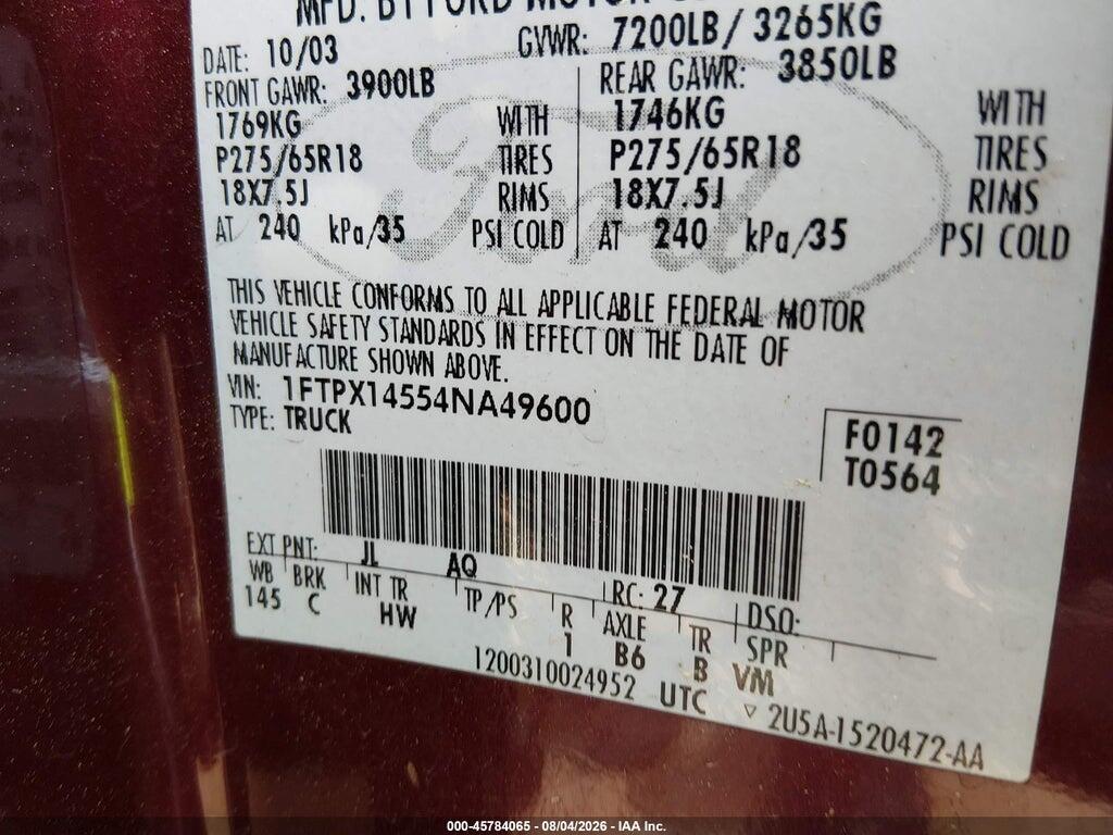 1FTPX14554NA49600 2004 FORD F-150 photo no. 9