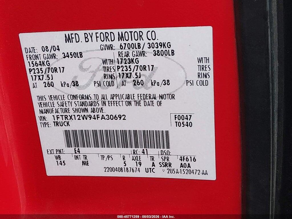 1FTRX12W94FA30692 2004 FORD F-150 photo no. 9