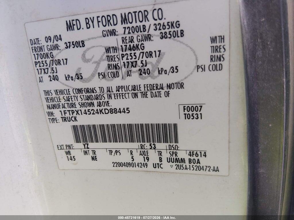 1FTPX14524KD88445 2004 FORD F-150 photo no. 9