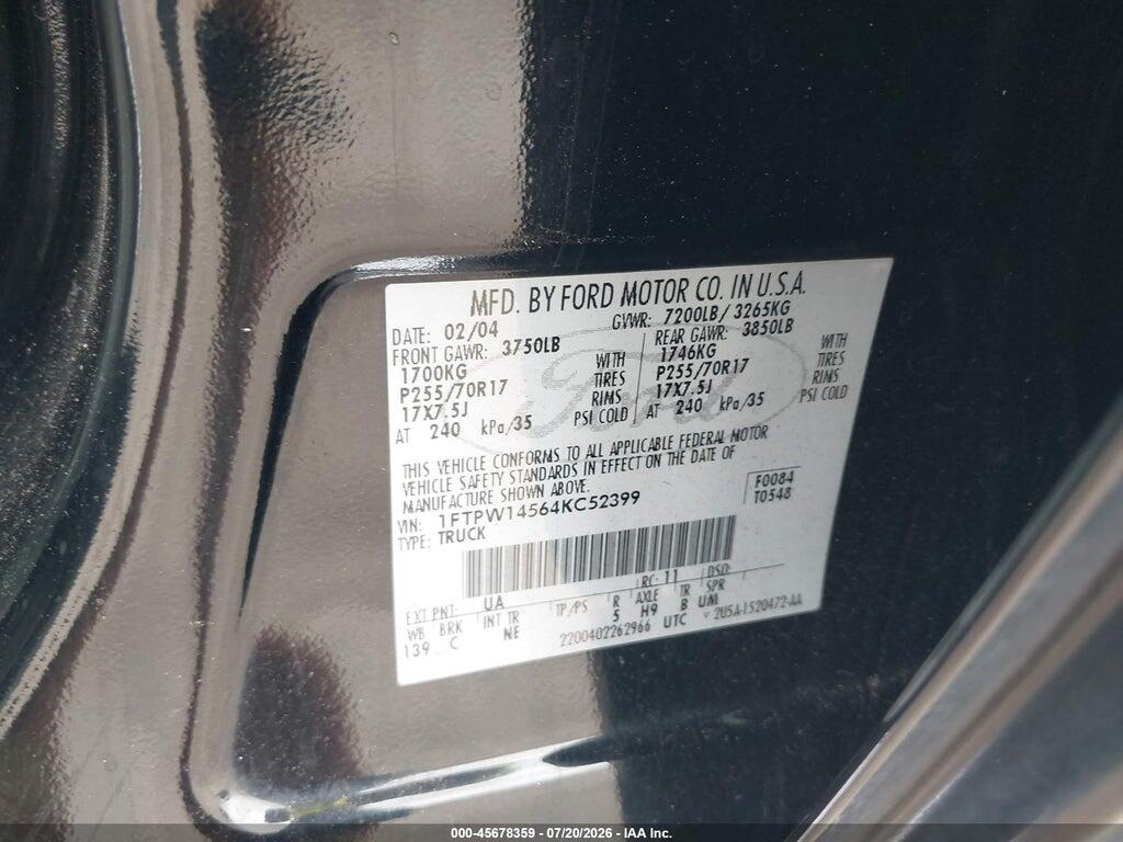 1FTPW14564KC52399 2004 FORD F-150 photo no. 9
