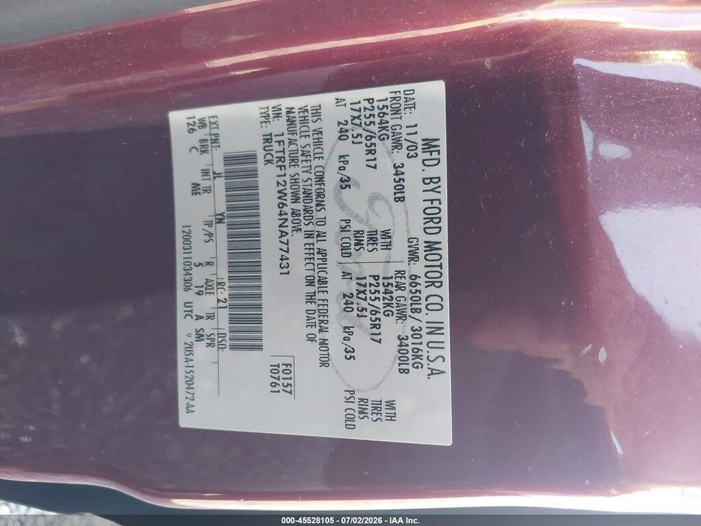 1FTRF12W64NA77431 2004 FORD F-150 photo no. 9