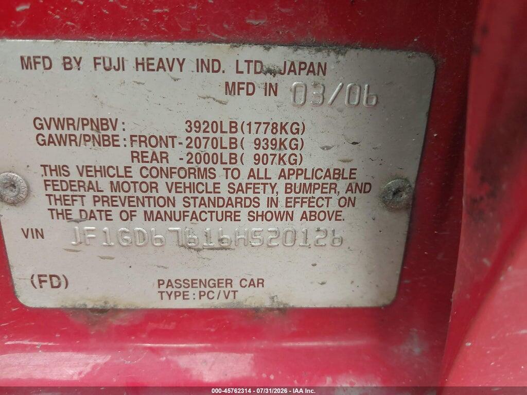 JF1GD67616H520126 2006 SUBARU IMPREZA photo no. 9