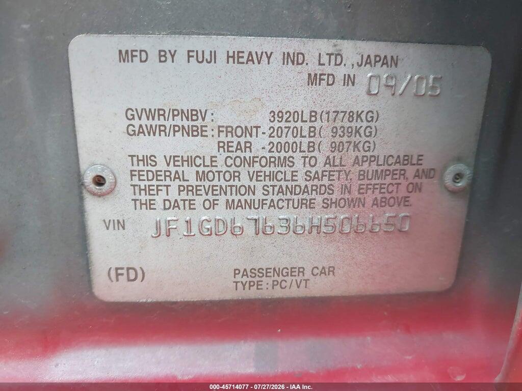 JF1GD67636H506650 2006 SUBARU IMPREZA photo no. 9